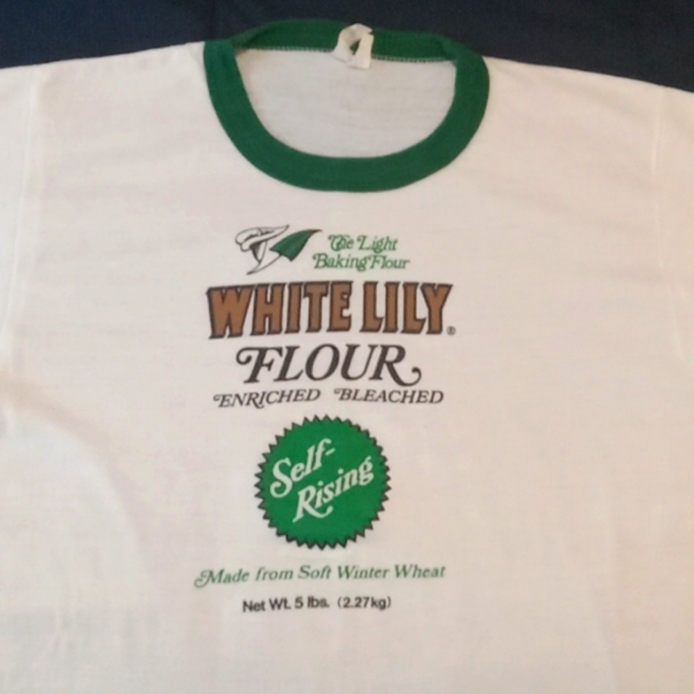 White Lilly Flour Vintage ringer Tshirt size Large